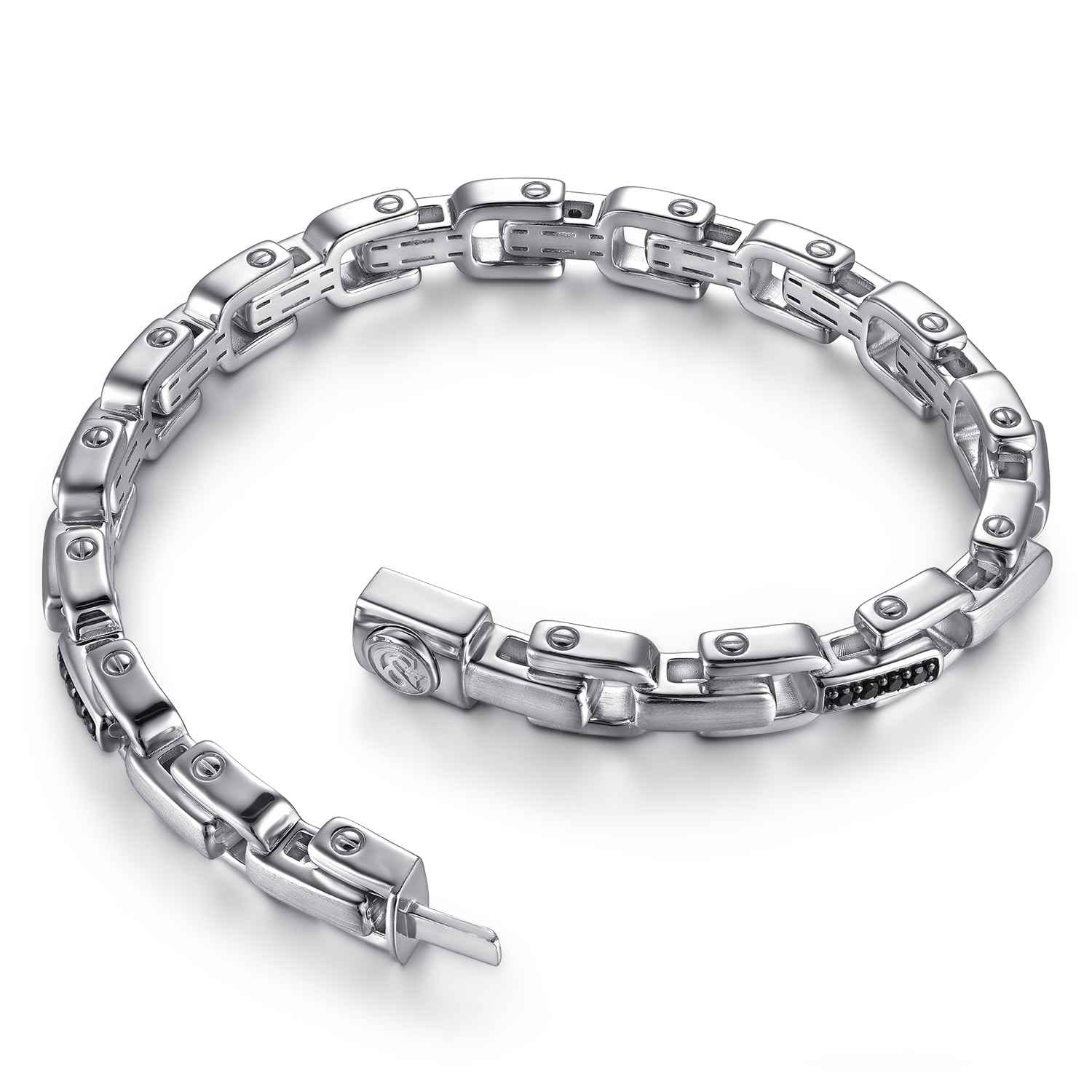 8mm 925 Sterling Silver Black Spinel Men's Cylindrical Mix Link Chain Bracelet - Shot 3