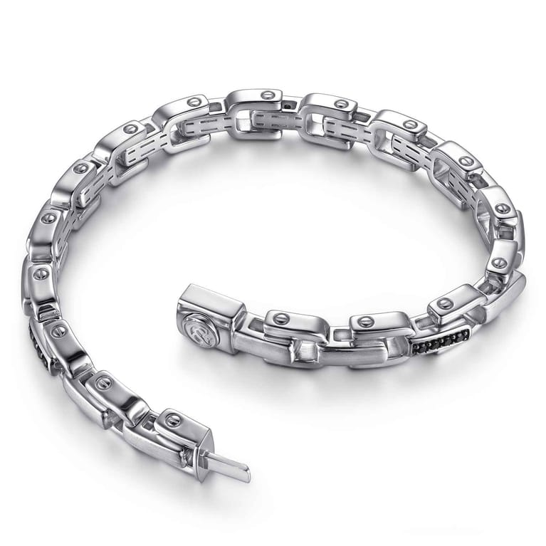 8mm 925 Sterling Silver Black Spinel Men's Cylindrical Mix Link Chain Bracelet - Shot 3