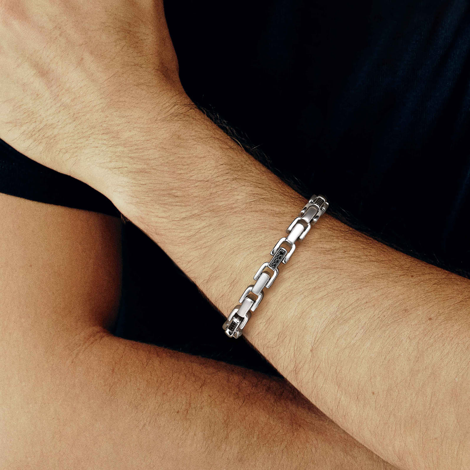 8mm 925 Sterling Silver Black Spinel Men's Cylindrical Mix Link Chain Bracelet - Shot 4