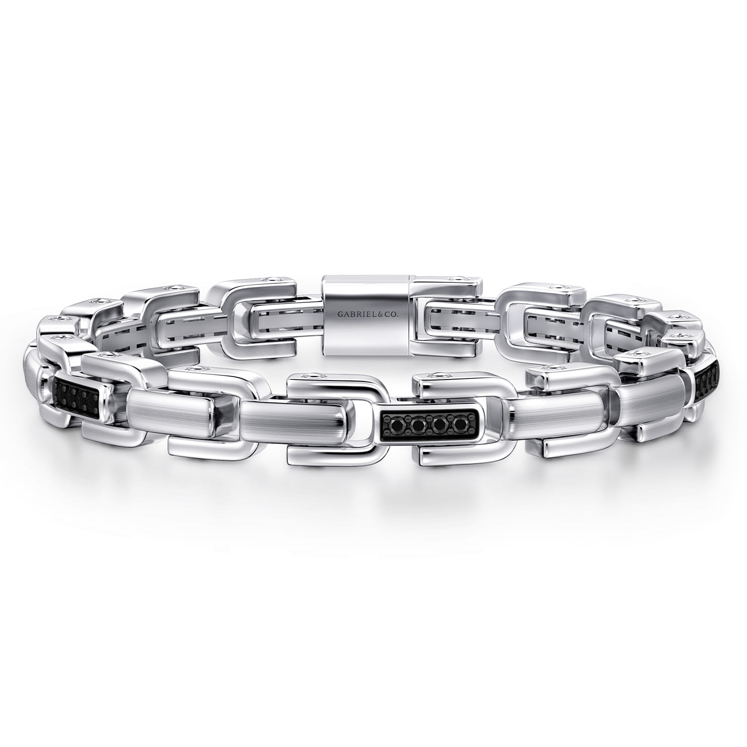 8mm 925 Sterling Silver Black Spinel Men's Cylindrical Mix Link Chain Bracelet - Shot 1