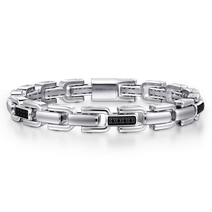 8mm 925 Sterling Silver Black Spinel Men's Cylindrical Mix Link Chain Bracelet