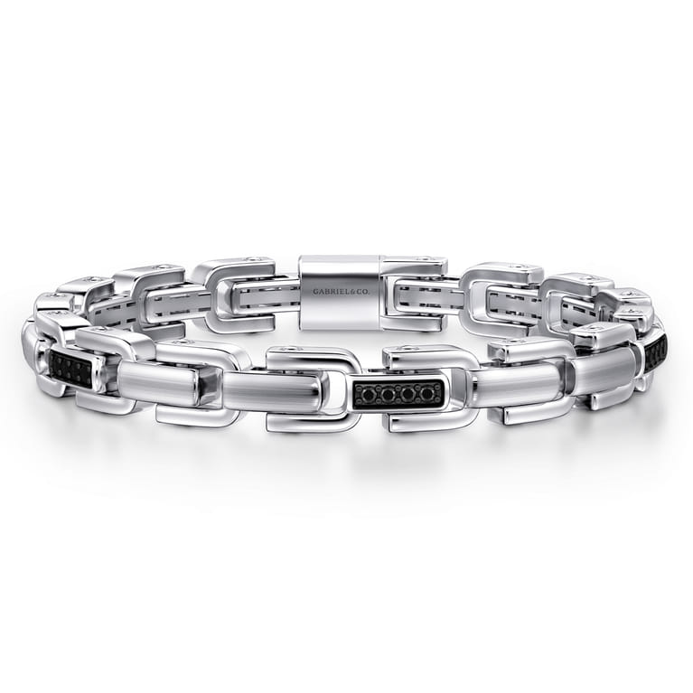 8mm 925 Sterling Silver Black Spinel Men's Cylindrical Mix Link Chain Bracelet - Shot 1