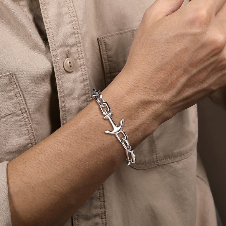 8mm 925 Sterling Silver Men's Solid Chain and Anchor Bracelet - Shot 3