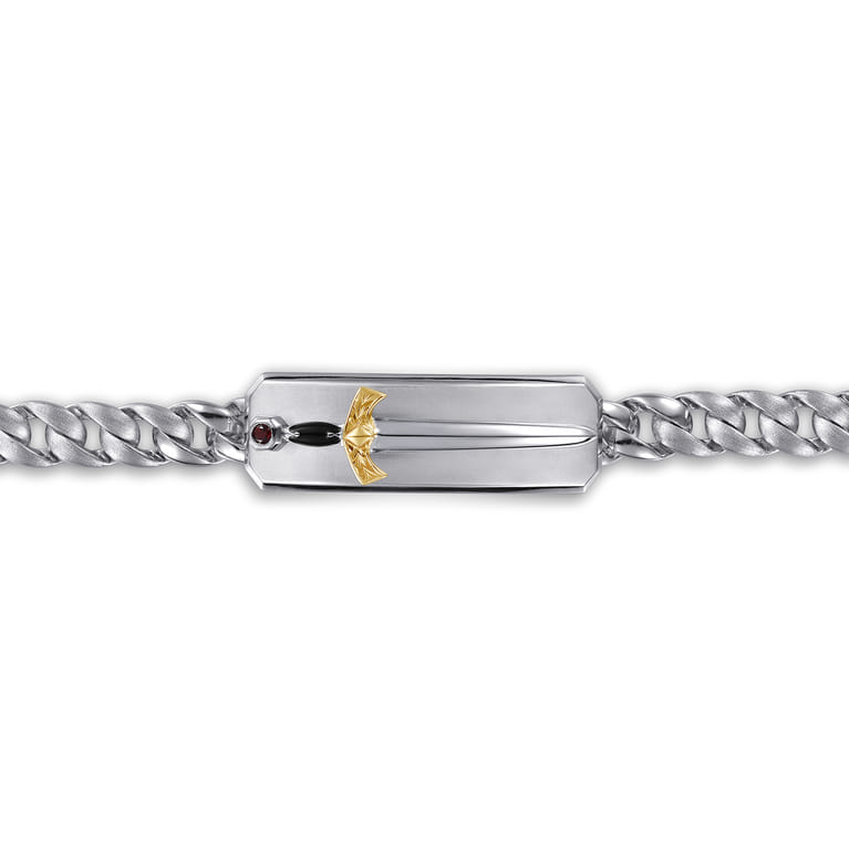 8mm 925 Sterling Silver and 14K Yellow Gold Garnet Men's Solid Cuban Link Chain Bracelet With Dagger ID - Shot 2