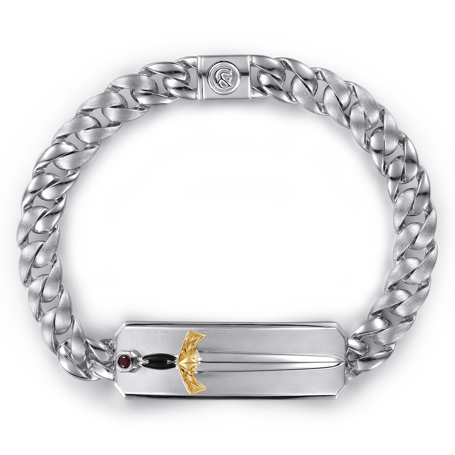 8mm 925 Sterling Silver and 14K Yellow Gold Garnet Men's Solid Cuban Link Chain Bracelet with Dagger ID - Shot 1