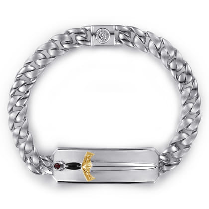 8mm 925 Sterling Silver and 14K Yellow Gold Garnet Men's Solid Cuban Link Chain Bracelet with Dagger ID