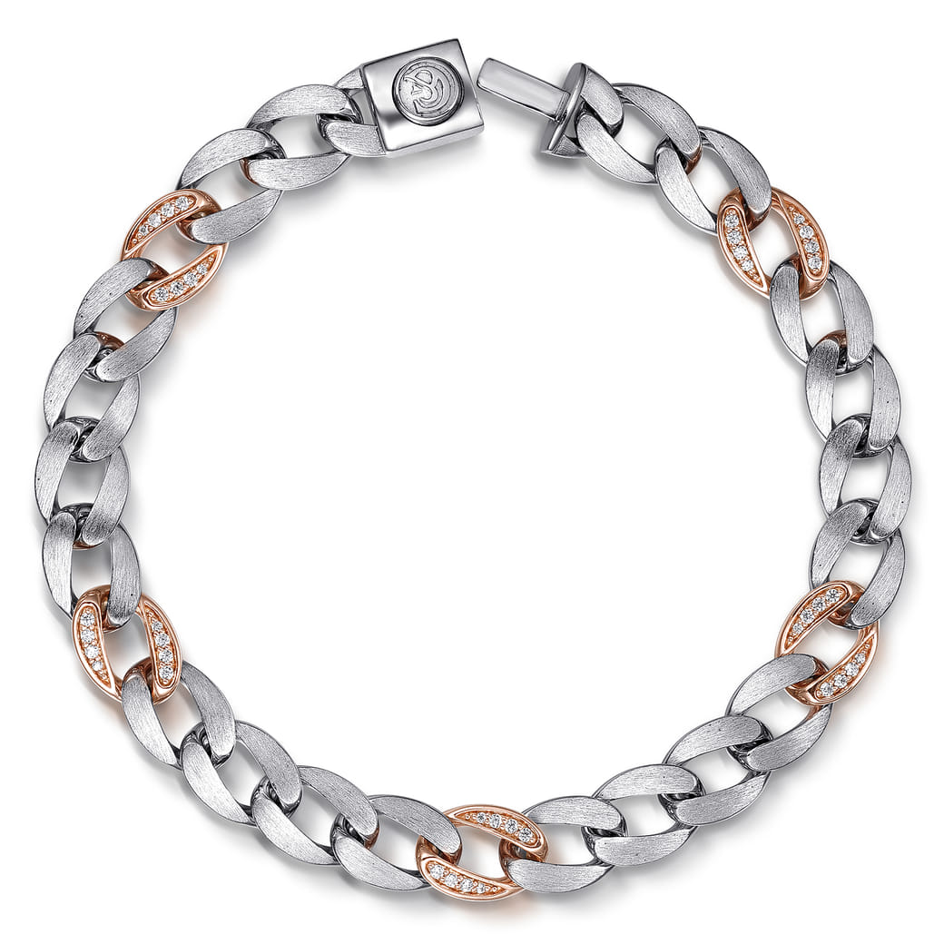 8mm 925 Sterling Silver with 14K Rose Gold Diamond Cuban Link