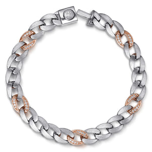 8mm 925 Sterling Silver with 14K Rose Gold Diamond Cuban Link Chain Mens Bracelet