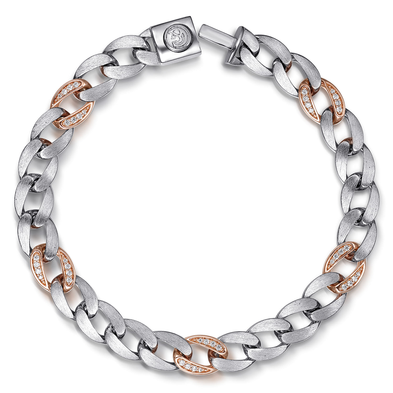 8mm 925 Sterling Silver with 14K Rose Gold Men's Solid Diamond Cuban Link Chain Bracelet - 0.25 ct - Shot 1