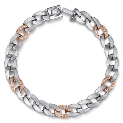 8mm 925 Sterling Silver with 14K Rose Gold Men's Solid Diamond Cuban Link Chain Bracelet