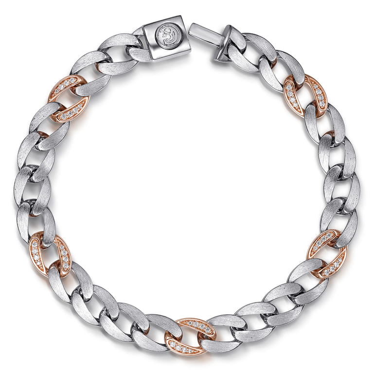 8mm 925 Sterling Silver with 14K Rose Gold Men's Solid Diamond Cuban Link Chain Bracelet - 0.25 ct - Shot 1