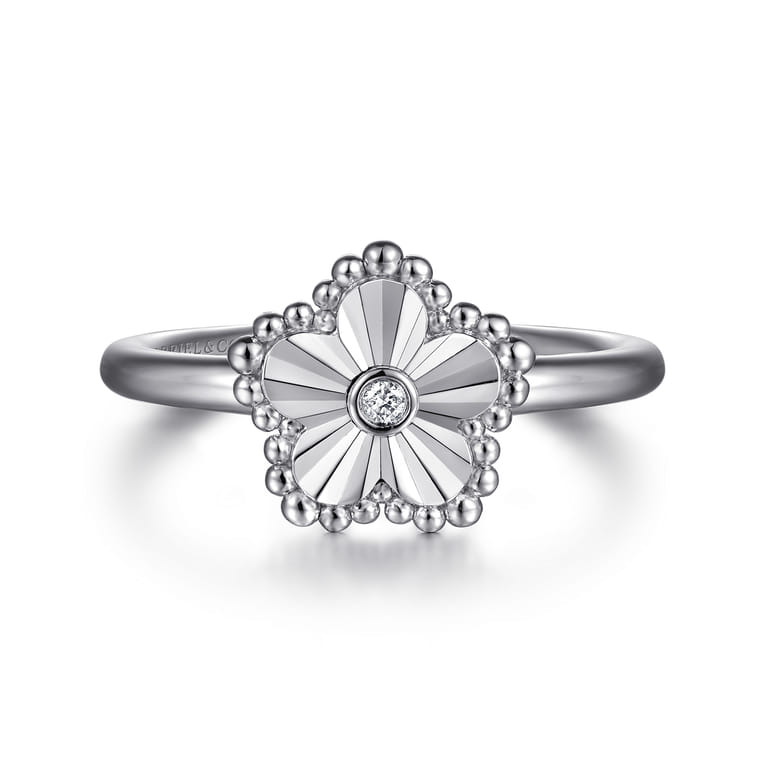 925 Serling Silver Diamond Bujukan Frame Flower Diamond Cut Ladies Ring - 0.01 ct - Shot 1