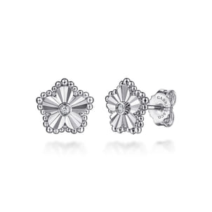 925 Serling Silver Diamond Bujukan Frame Flower Diamond Cut Stud Earrings