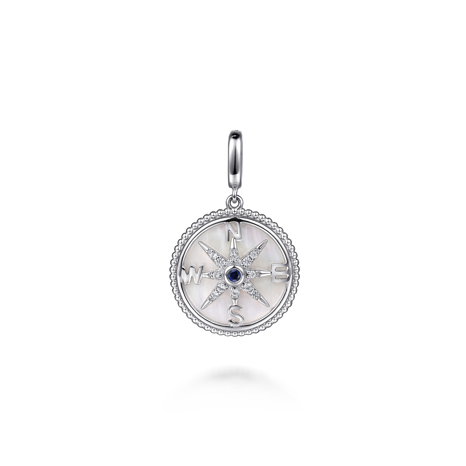 925 Sterling Silver 20mm Bujukan White Sapphire Compass  Mother of Pearl Medallion Pendant With Detachable Bail - Shot 1