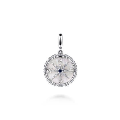 925 Sterling Silver 20mm Bujukan White Sapphire Compass  Mother of Pearl Medallion Pendant With Detachable Bail