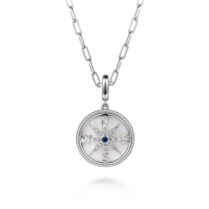 925 Sterling Silver 20mm Bujukan White Sapphire Compass  Mother of Pearl Medallion Pendant With Detachable Bail