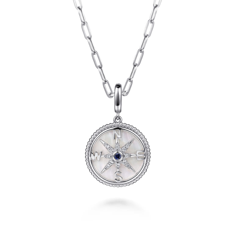 925 Sterling Silver 20mm Bujukan White Sapphire Compass  Mother of Pearl Medallion Pendant With Detachable Bail - Shot 3