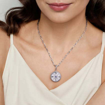 925 Sterling Silver 20mm Bujukan White Sapphire Compass  Mother of Pearl Medallion Pendant With Detachable Bail