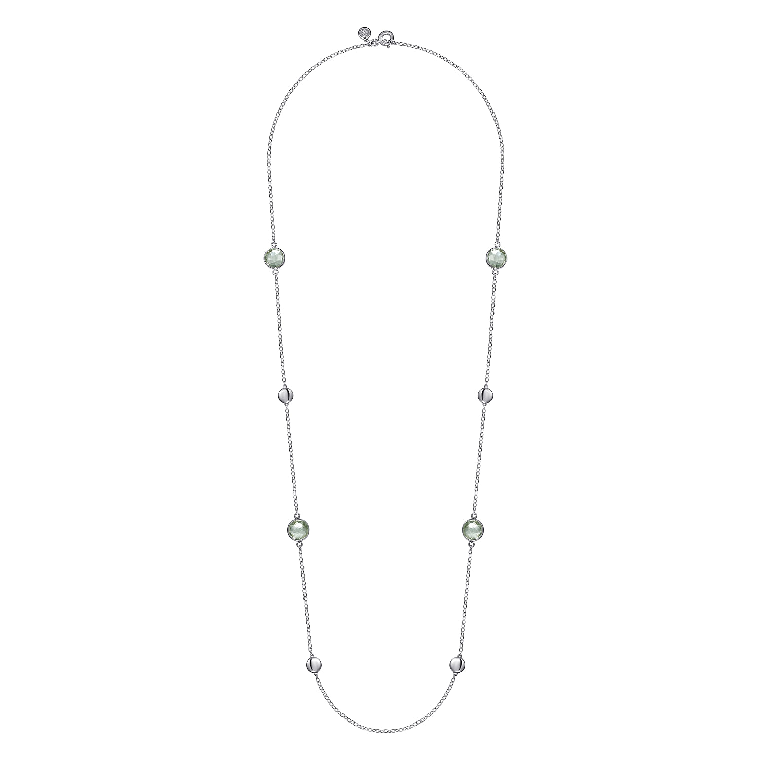 925 Sterling Silver 24 inch Bezel Green Amethyst and Round Hollow Silver Disk Station Necklace