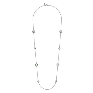 925 Sterling Silver 24 inch Bezel Green Amethyst and Round Hollow Silver Disk Station Necklace