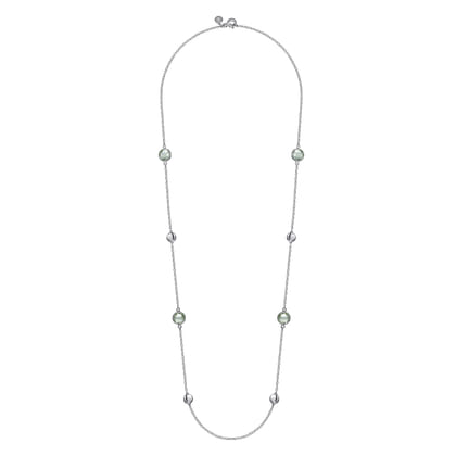 925 Sterling Silver 24 inch Bezel Green Amethyst and Round Hollow Silver Disk Station Necklace