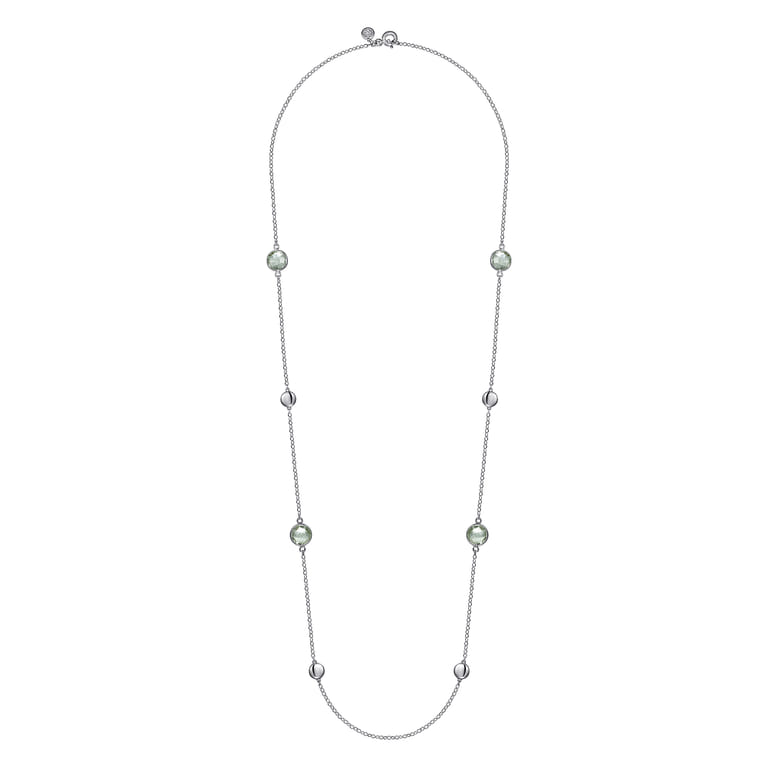 925 Sterling Silver 24 inch Bezel Green Amethyst and Round Hollow Silver Disk Station Necklace - Shot 2