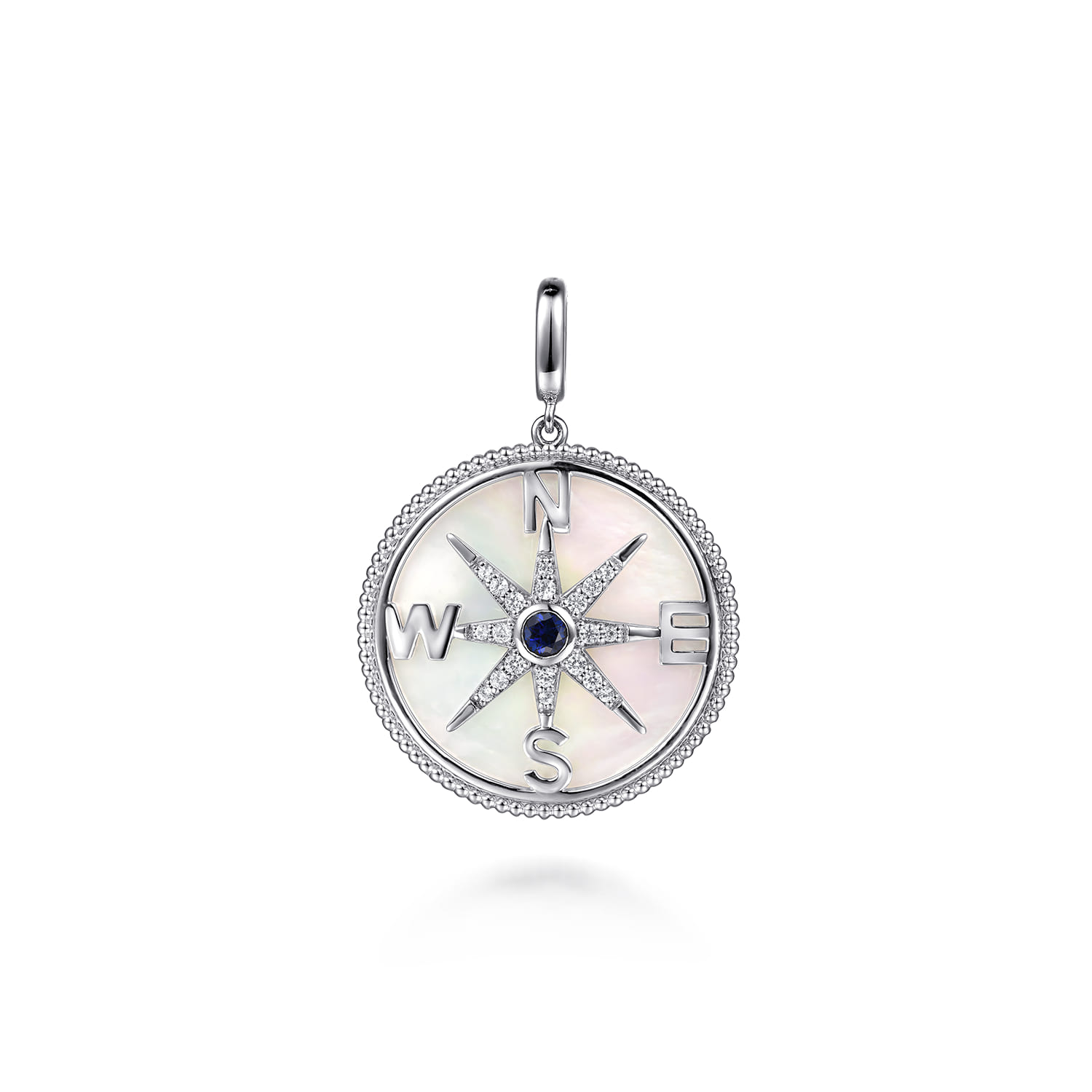 925 Sterling Silver 28mm Bujukan White Sapphire Compass  Mother of Pearl Medallion Pendant With Detachable Bail - Shot 1