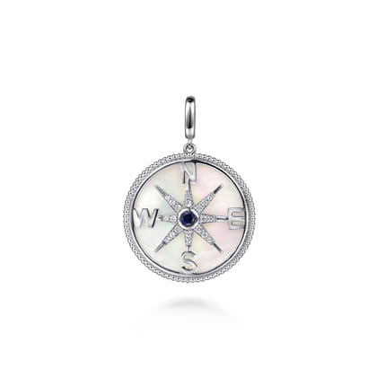 925 Sterling Silver 28mm Bujukan White Sapphire Compass  Mother of Pearl Medallion Pendant With Detachable Bail