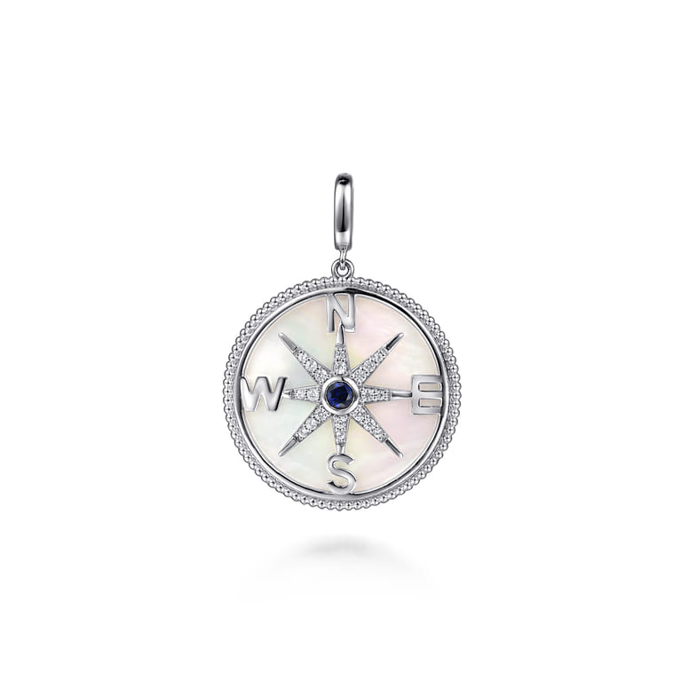 925 Sterling Silver 28mm Bujukan White Sapphire Compass  Mother of Pearl Medallion Pendant With Detachable Bail - Shot 1