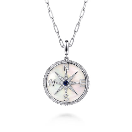 925 Sterling Silver 28mm Bujukan White Sapphire Compass Mother of Pearl Medallion Pendant with Detachable Bail