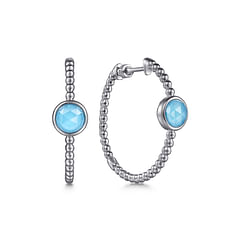 925 Sterling Silver 30mm Rock Crystal and Turquoise Classic Hoop Earrings