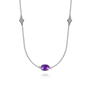 925 Sterling Silver 32 inch Bezel Oval Amethyst and Bujukan Beads Station Necklace