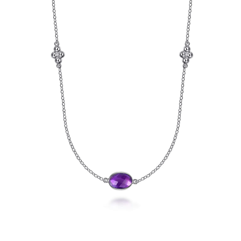 925 Sterling Silver 32 inch Bezel Oval Amethyst and Bujukan Beads Station Necklace - Shot 1