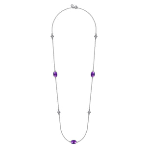 925 Sterling Silver 32 inch Bezel Oval Amethyst and Bujukan Beads Station Necklace