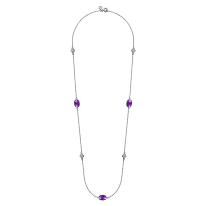 925 Sterling Silver 32 inch Bezel Oval Amethyst and Bujukan Beads Station Necklace