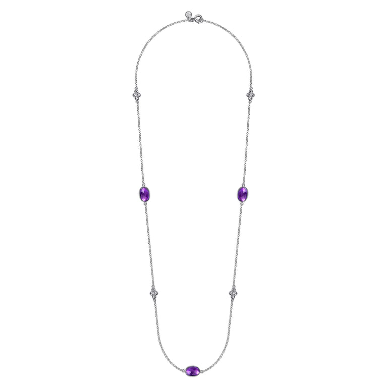 925 Sterling Silver 32 inch Bezel Oval Amethyst and Bujukan Beads Station Necklace - Shot 2