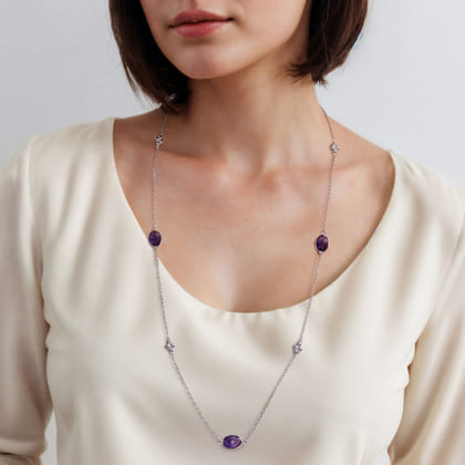 925 Sterling Silver 32 inch Bezel Oval Amethyst and Bujukan Beads Station Necklace