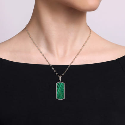 925 Sterling Silver 35mm Bujukan Dog Tag with Detachable Bail with Malachite