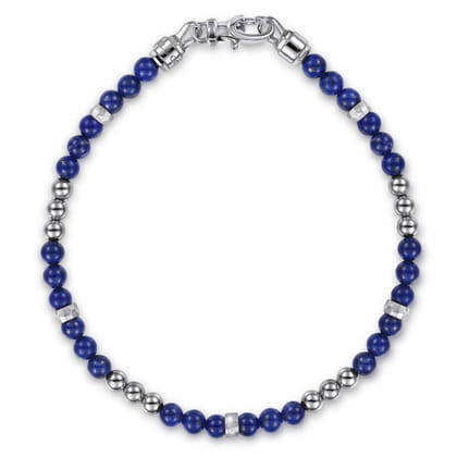 925 Sterling Silver 4mm Lapis Beaded and 4mm Silver Ball Bracelet