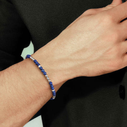 925 Sterling Silver 4mm Lapis Beaded and 4mm Silver Ball Bracelet