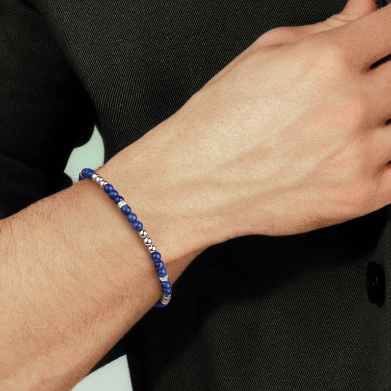 925 Sterling Silver 4mm Lapis Beaded and 4mm Silver Ball Bracelet - Shot 3