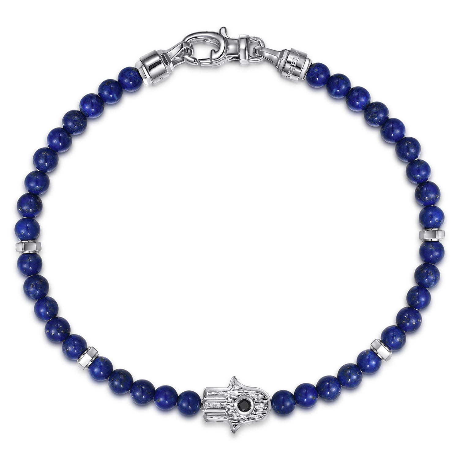 925 Sterling Silver 4mm Lapis Mens Bracelet with Black Spinel Hamsa - Shot 1