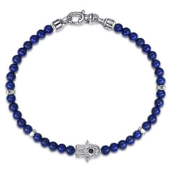 925 Sterling Silver 4mm Lapis Mens Bracelet with Black Spinel Hamsa