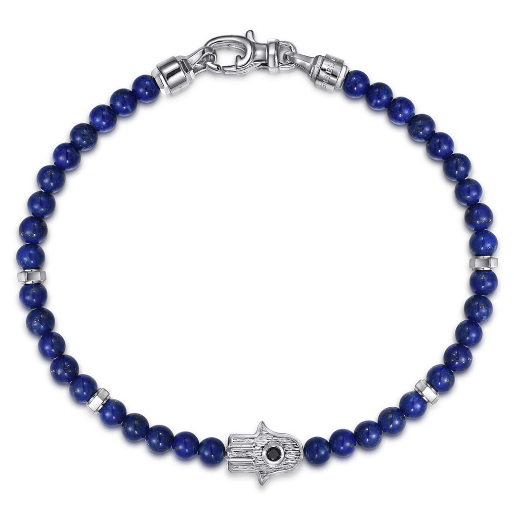 925 Sterling Silver 4mm Lapis Mens Bracelet with Black Spinel