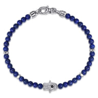 925 Sterling Silver 4mm Lapis Mens Bracelet with Black Spinel Hamsa