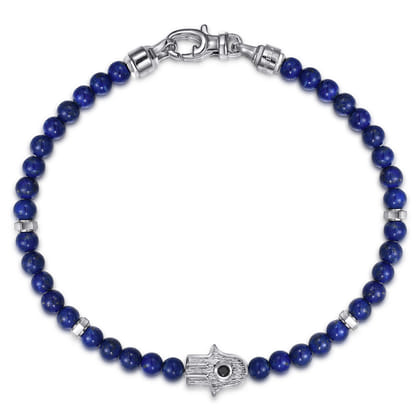 925 Sterling Silver 4mm Lapis Mens Bracelet with Black Spinel Hamsa
