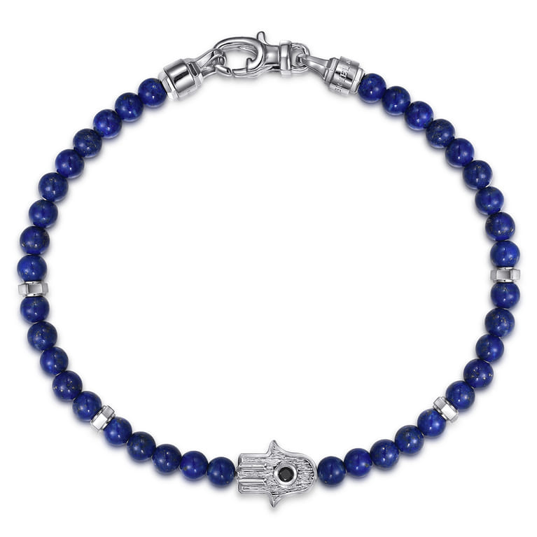 925 Sterling Silver 4mm Lapis Mens Bracelet with Black Spinel Hamsa - Shot 1