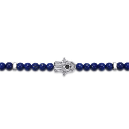 925 Sterling Silver 4mm Lapis Mens Bracelet with Black Spinel Hamsa