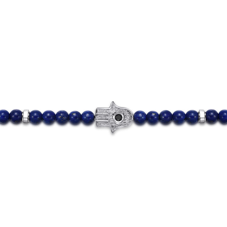 925 Sterling Silver 4mm Lapis Mens Bracelet with Black Spinel Hamsa - Shot 2