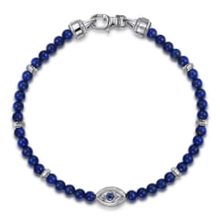 925 Sterling Silver 4mm Lapis and Sapphire Beaded Bracelet with Evil eye